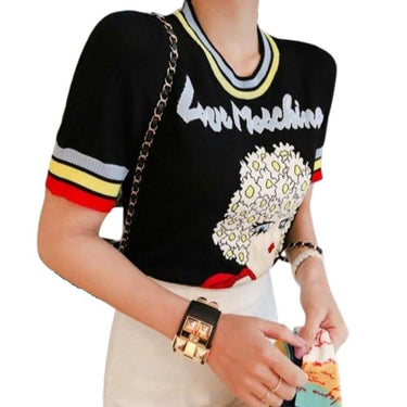 Retro Love Machine Rainbow Women's Tops Jacquard Short Sleeve Pullover Summer Female Girls Knitted Top Striped Sweater from NSE Imports #2.